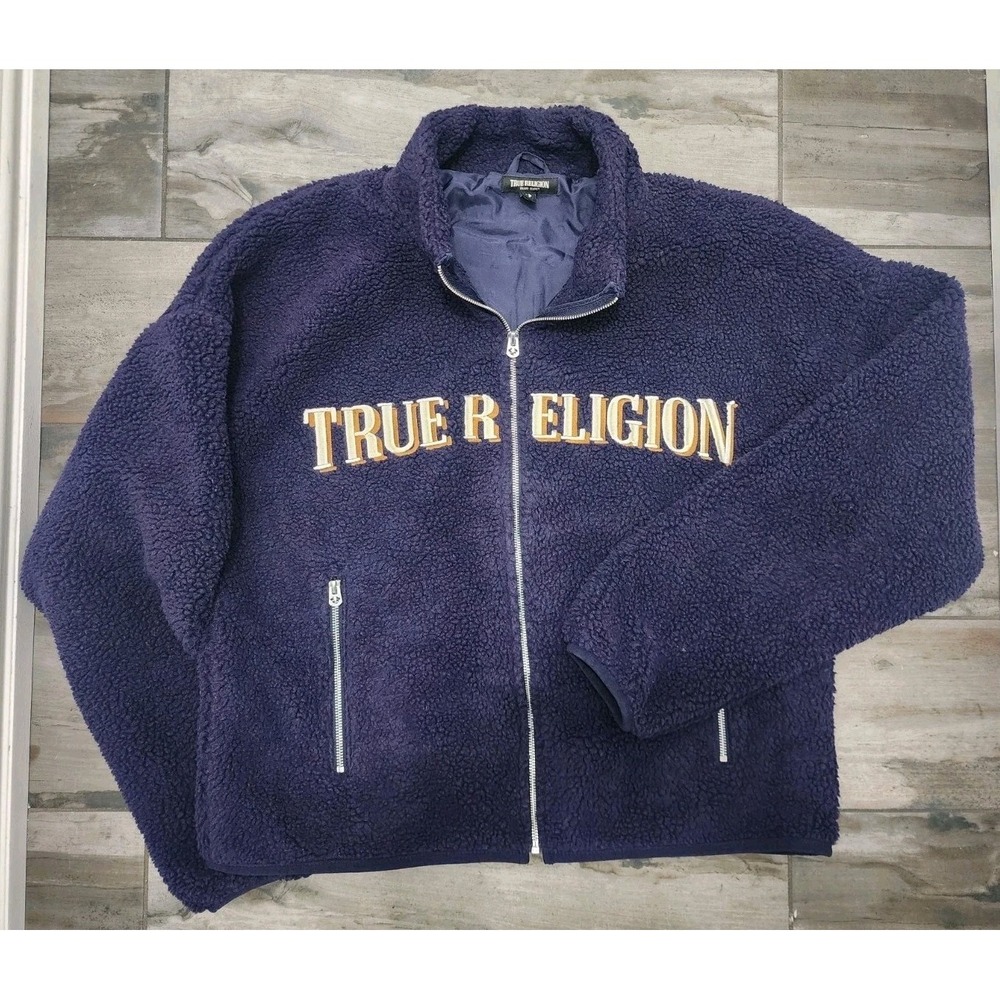 True Religion Mens TR Logo Sherpa Jacket Eclipse Navy Blue Fleece 110299 Size M